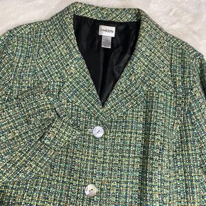 Chico's Tweed Blazer Jacket Women Size Large Green Blue Textured Button Front